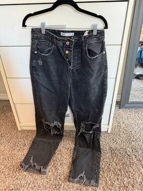Zara Black Distressed Straight-Leg Jeans